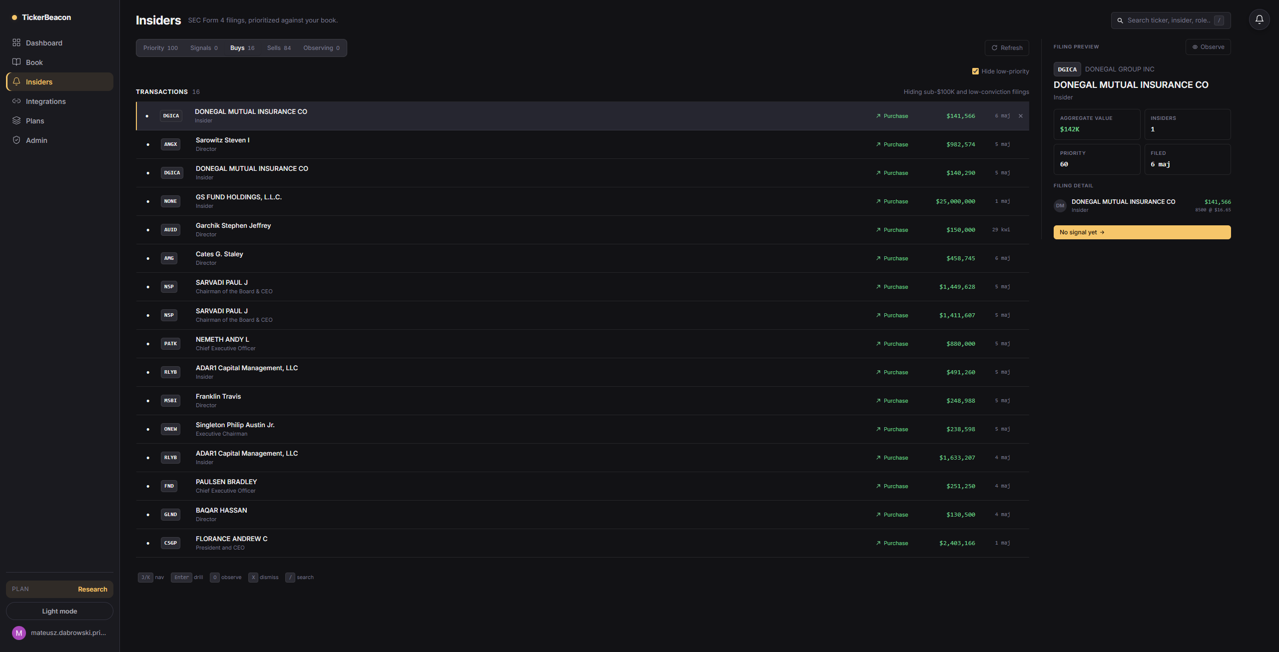 TickerBeacon buys-only insider transaction screen